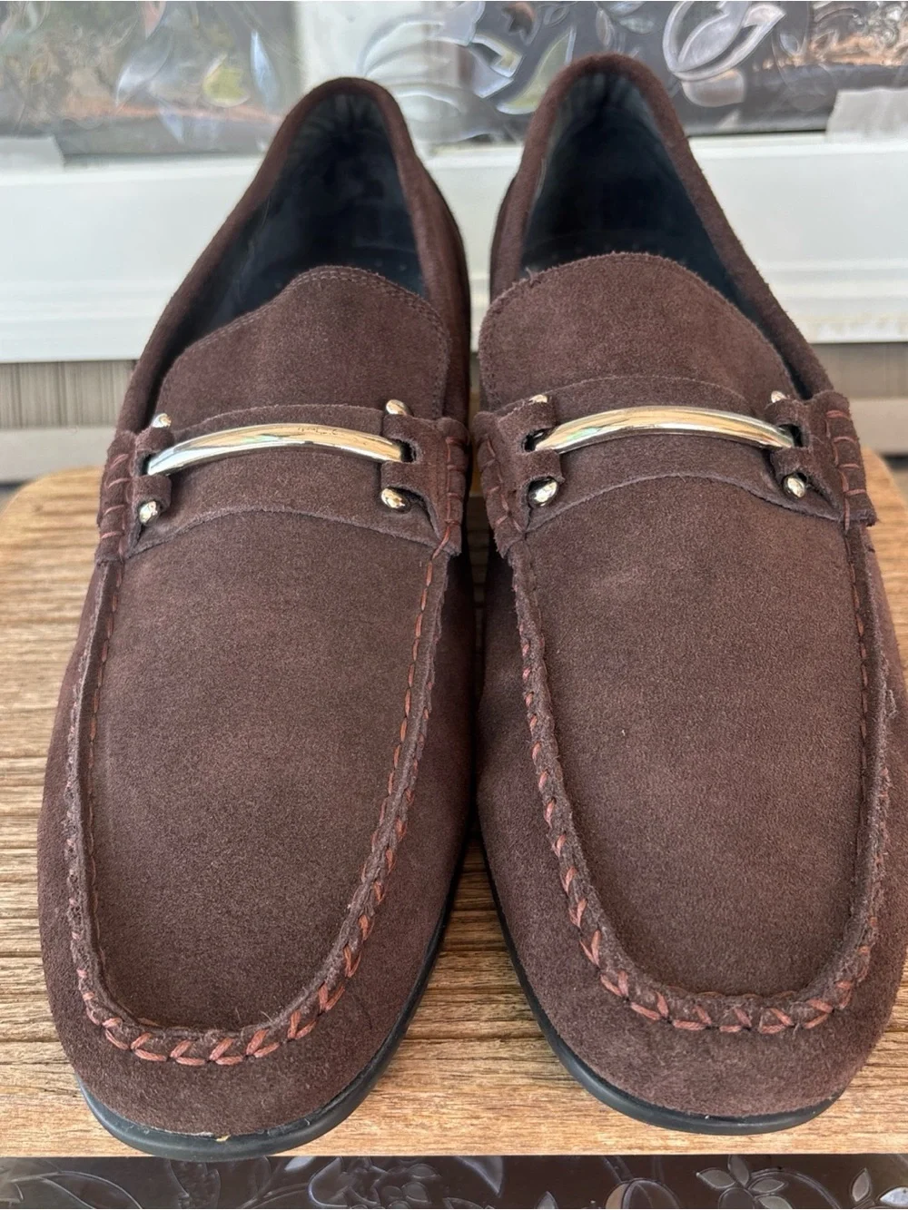 Stacy Adams Brown Suede Slip-On Loafers with Gold-Tone Bit 14 EUC